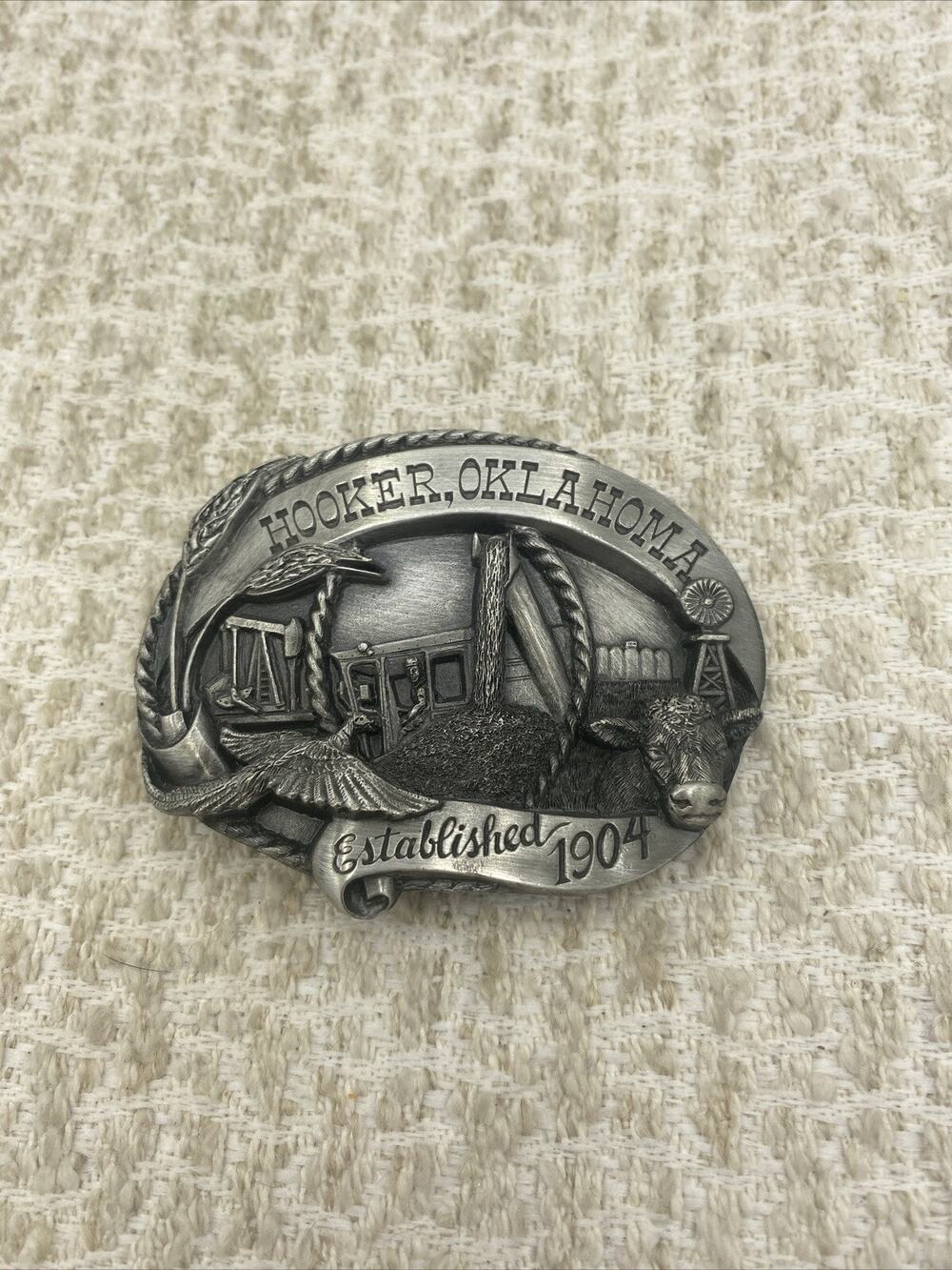 Silver Belt Buckle Hooker, Oklahoma Est 1904 By Suskiyou Belt Buckle Co
